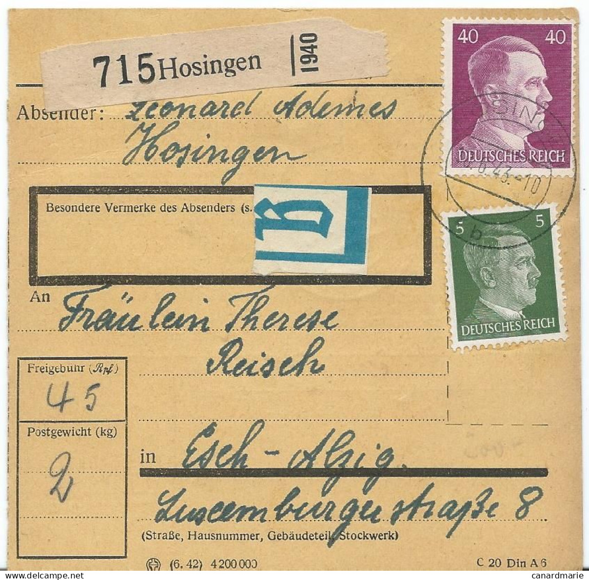 BULLETIN DE COLIS POSTAL 1943 AVEC ETIQUETTE DE HOSINGEN - 1940-1944 Deutsche Besatzung