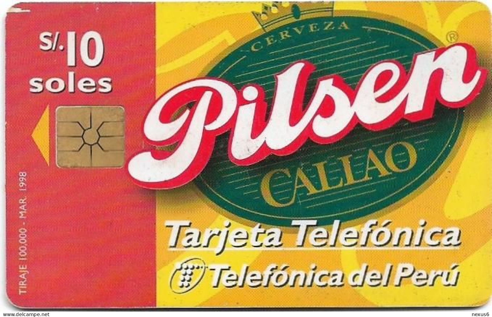 Peru - Telefónica - Beer Pilsen Callao, Gem1B Not Symm. White-Gold, 10Sol, 03.1998, 100.000ex, Used - Pérou