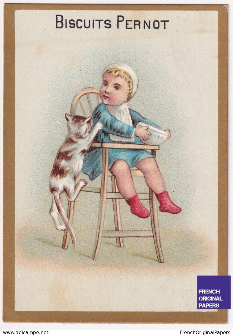 JAMAIS COLLEE Rare Chromo Biscuits Pernot 1895 Enfant Bébé Chaise Haute Bol De Lait Chat Mode Dijon Genève Cat A89-58 - Pernot