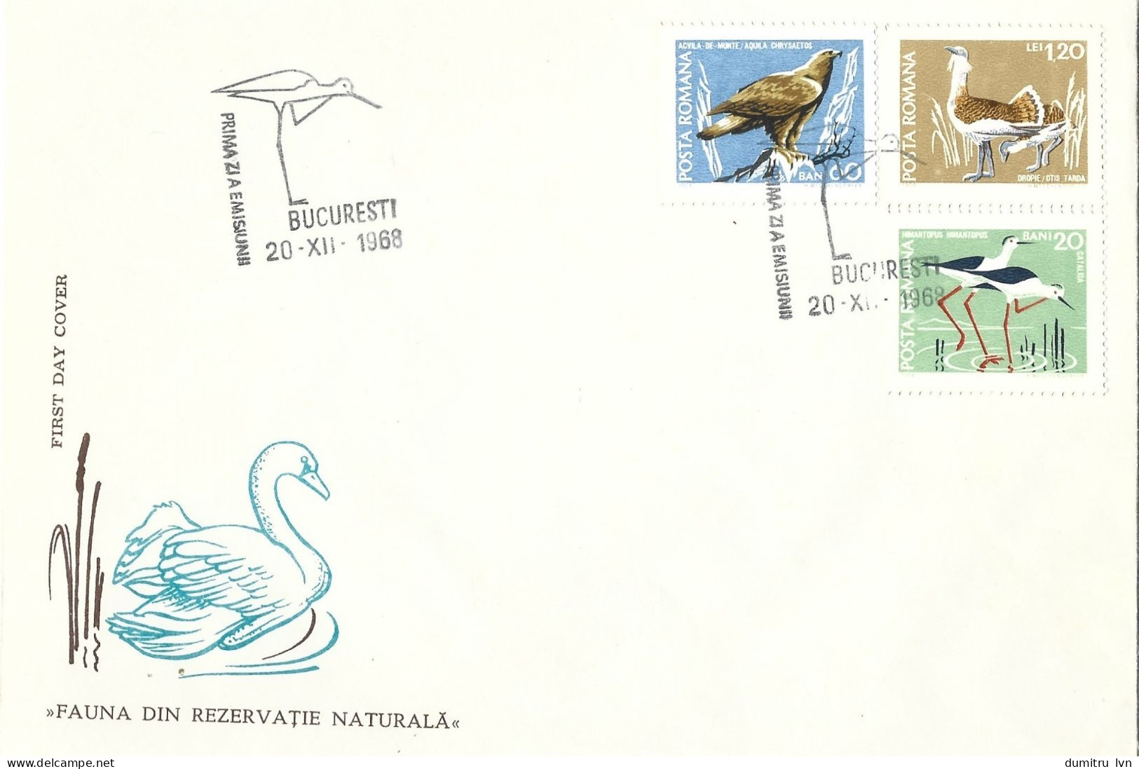ROMANIA 1968 - COVER FDC, FAUNA FROM THE NATURE RESERVE, EAGLE, BUSTARD - Schwäne