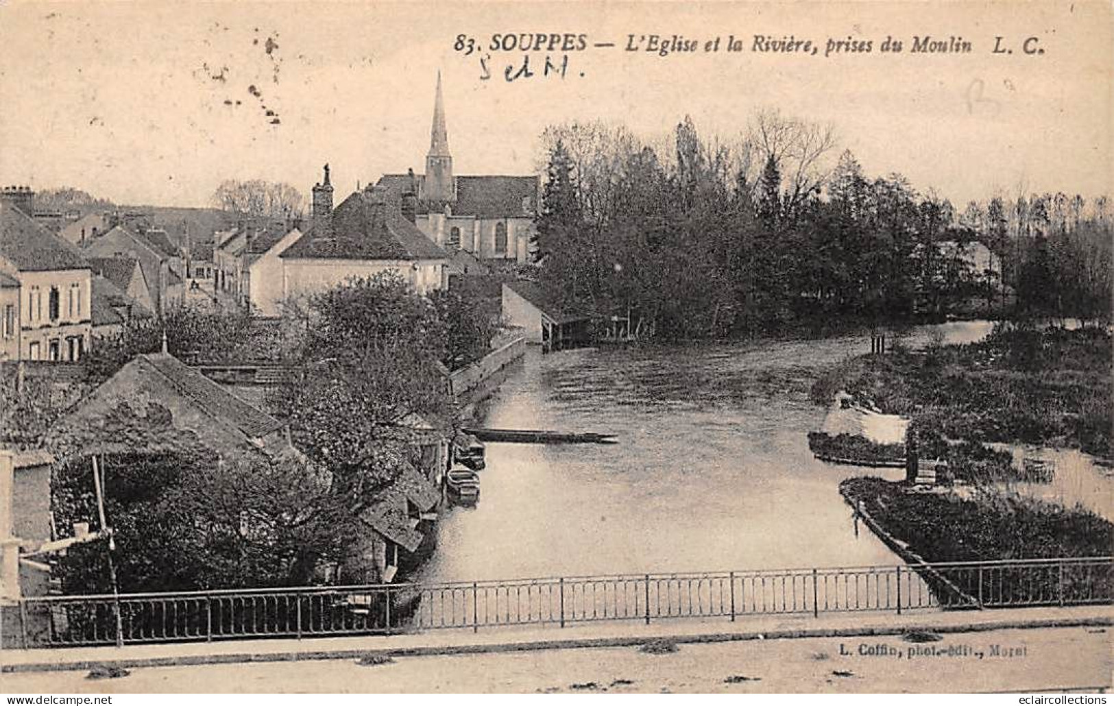 Souppes Sur Loing         77       L'Eglise Et La Rivière Prise Du Moulin           (voir Scan) - Souppes Sur Loing