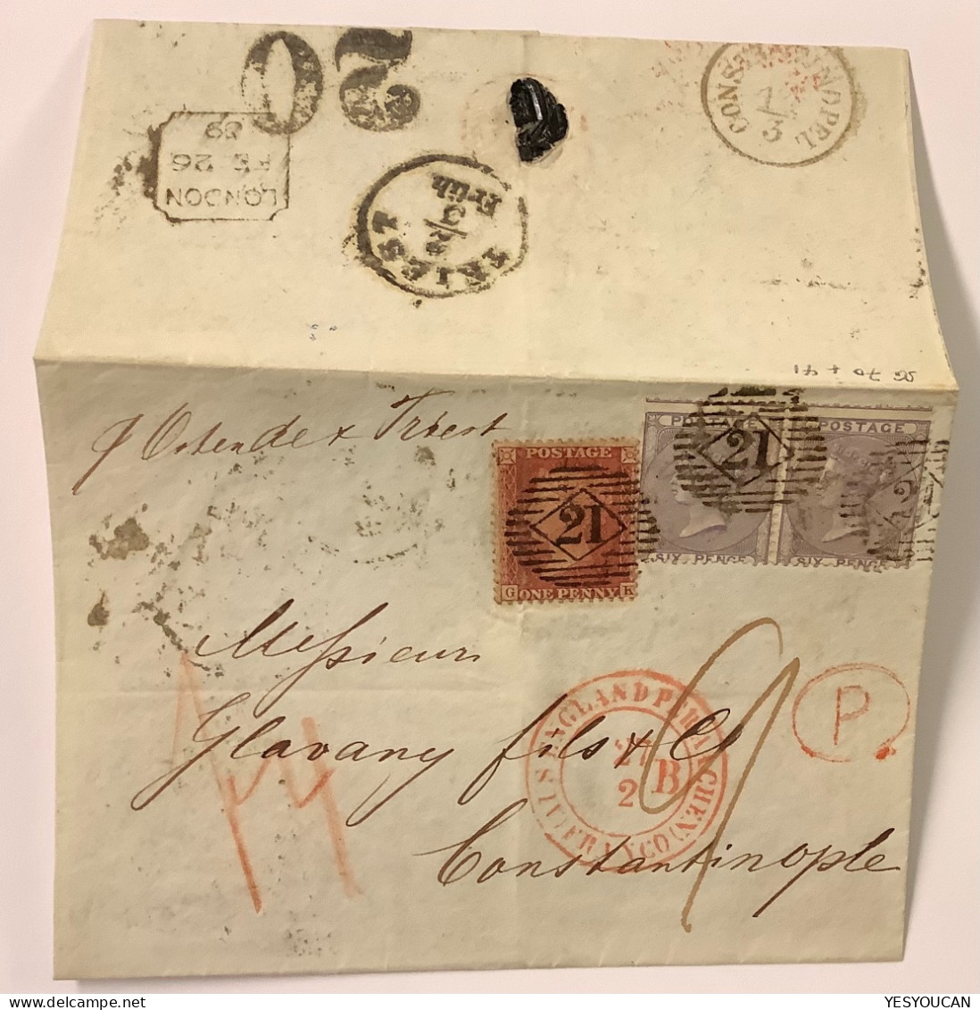 GB LONDON 1859 Via TRIEST= "20" RRR ! Ostende Aachen>CONSTANTINOPLE (cover Turkey Postvertragsstempel Österreich Brief - Cartas & Documentos