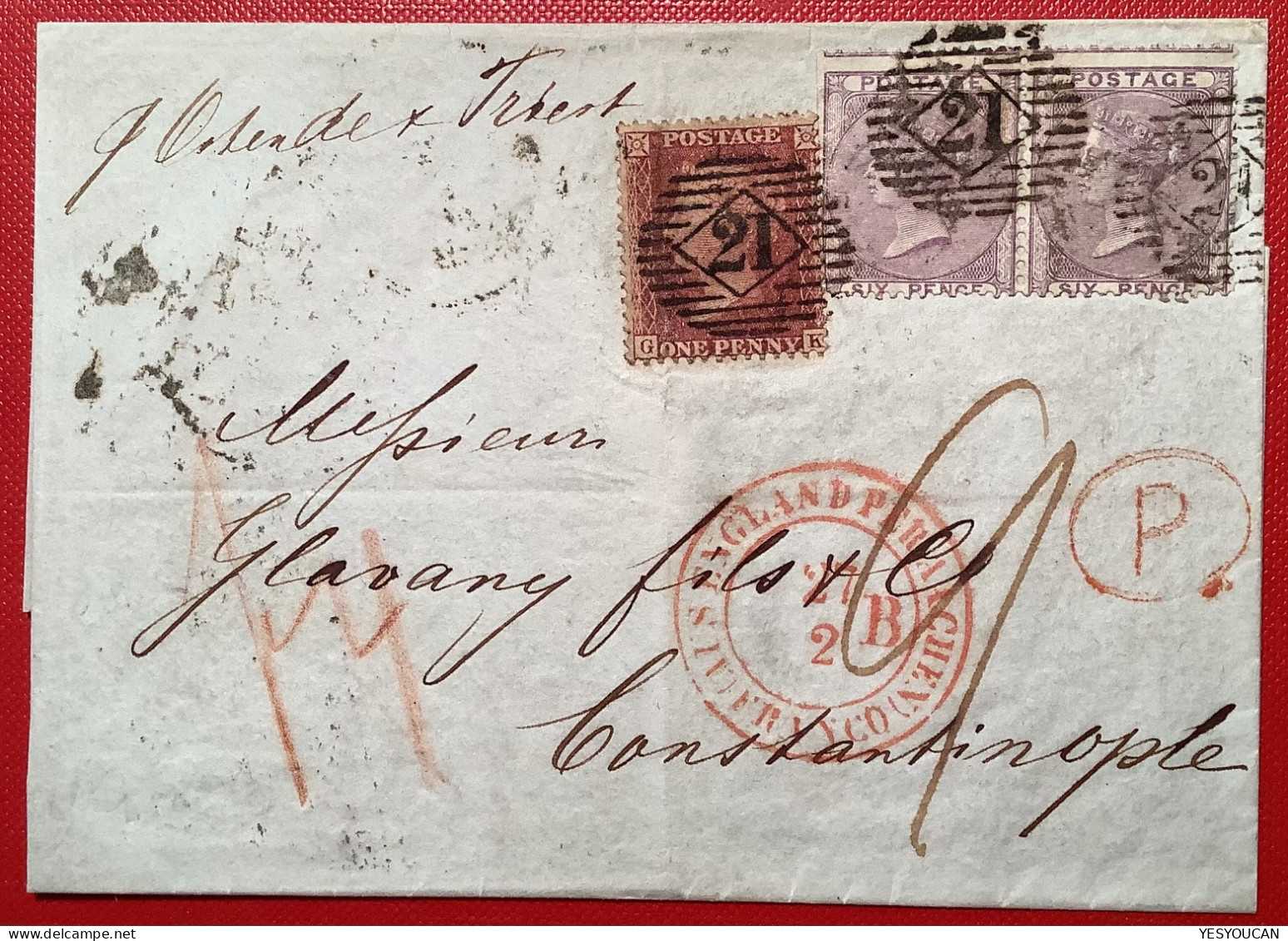 GB LONDON 1859 Via TRIEST= "20" RRR ! Ostende Aachen>CONSTANTINOPLE (cover Turkey Postvertragsstempel Österreich Brief - Briefe U. Dokumente