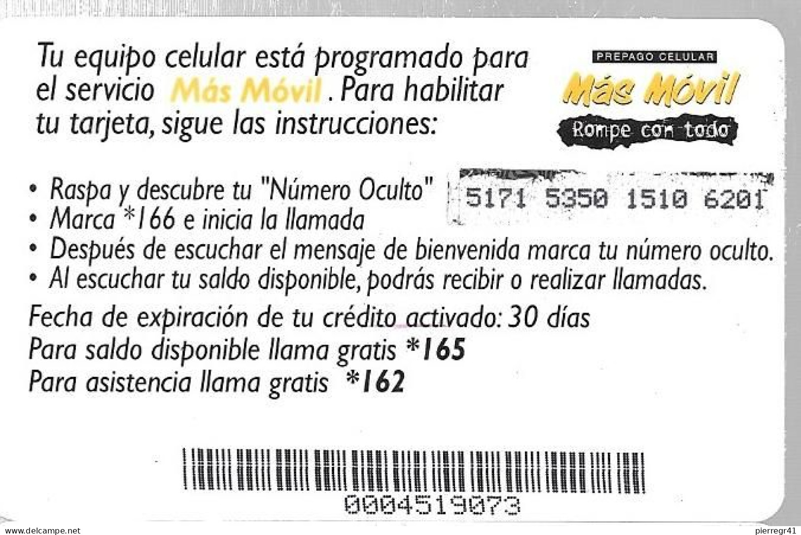 CARTE-PREPAYEE-GSM-Cable & Wireless-10 B/-Mas Movil-Gratté-Plastic Epais Glacé-TBE/RARE - Panamá