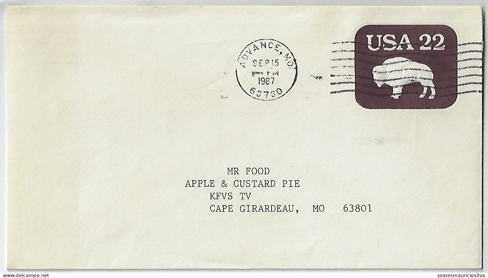 USA 1987 Postal Stationery Cover 22 Cent Buffalo Printed Stamp Sent From Advance To Cape Girardeau - 1981-00