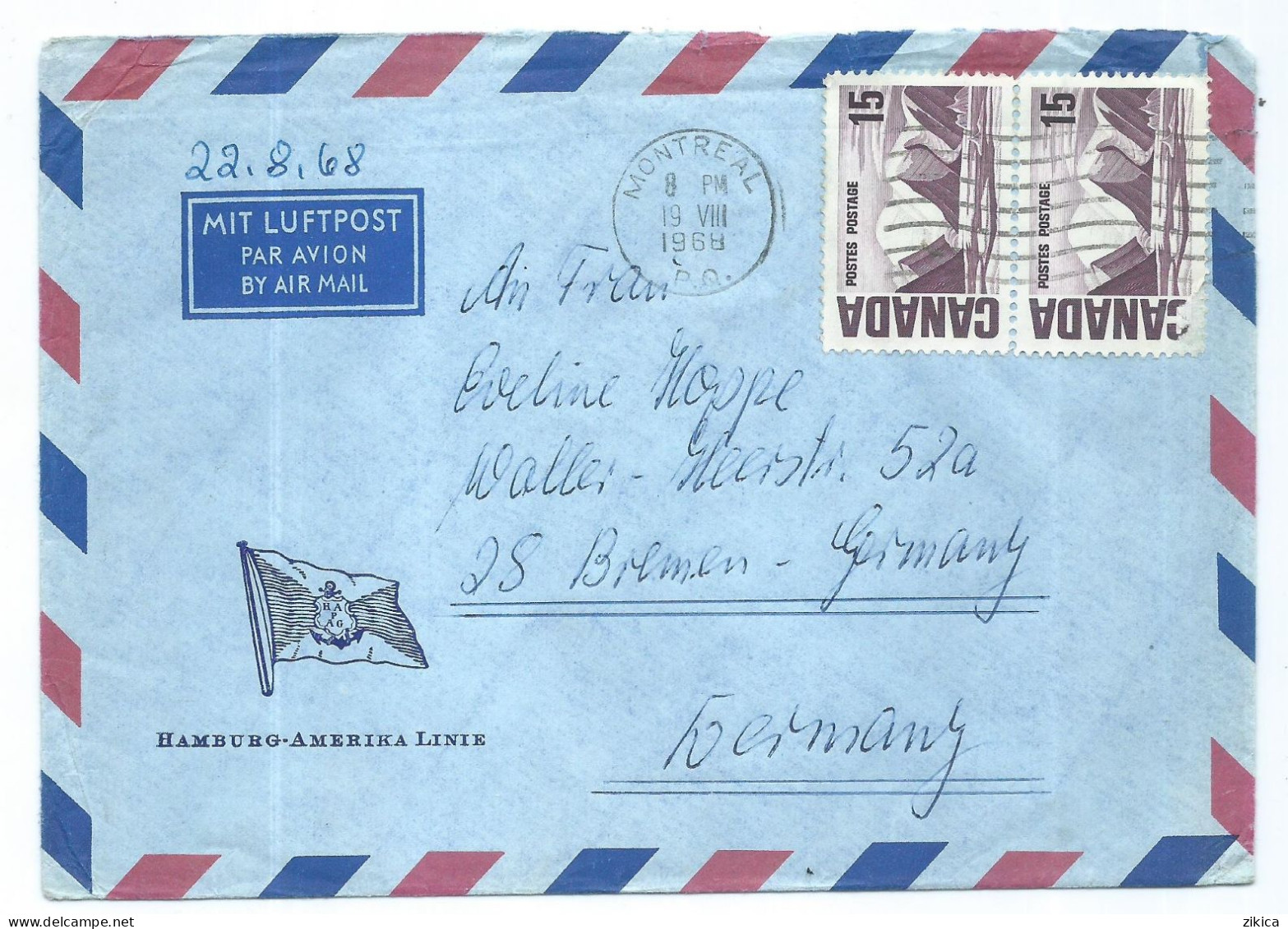 Air Mail Cover : Hamburg - Amerika Linie,canceled 1968 Montreal Canada. Via Bremen Germany - Storia Postale