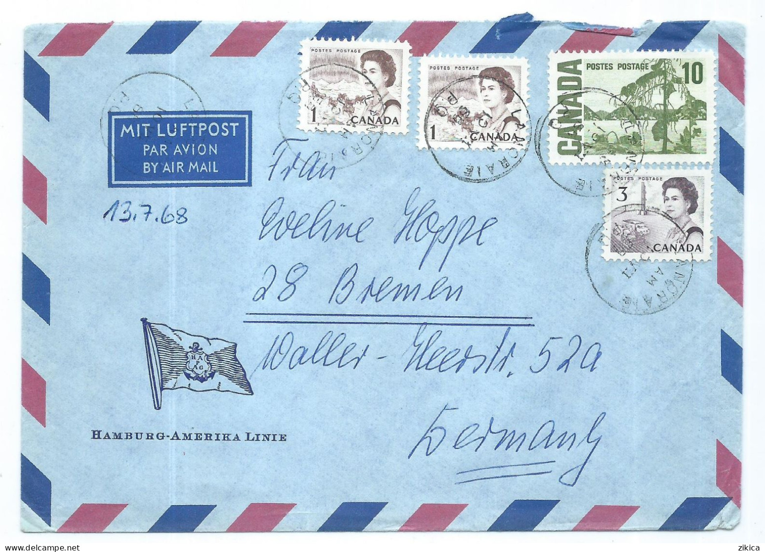 Air Mail Cover : Hamburg - Amerika Linie,canceled 1968 Lanoraie, Quebec Canada. Via Bremen Germany - Storia Postale