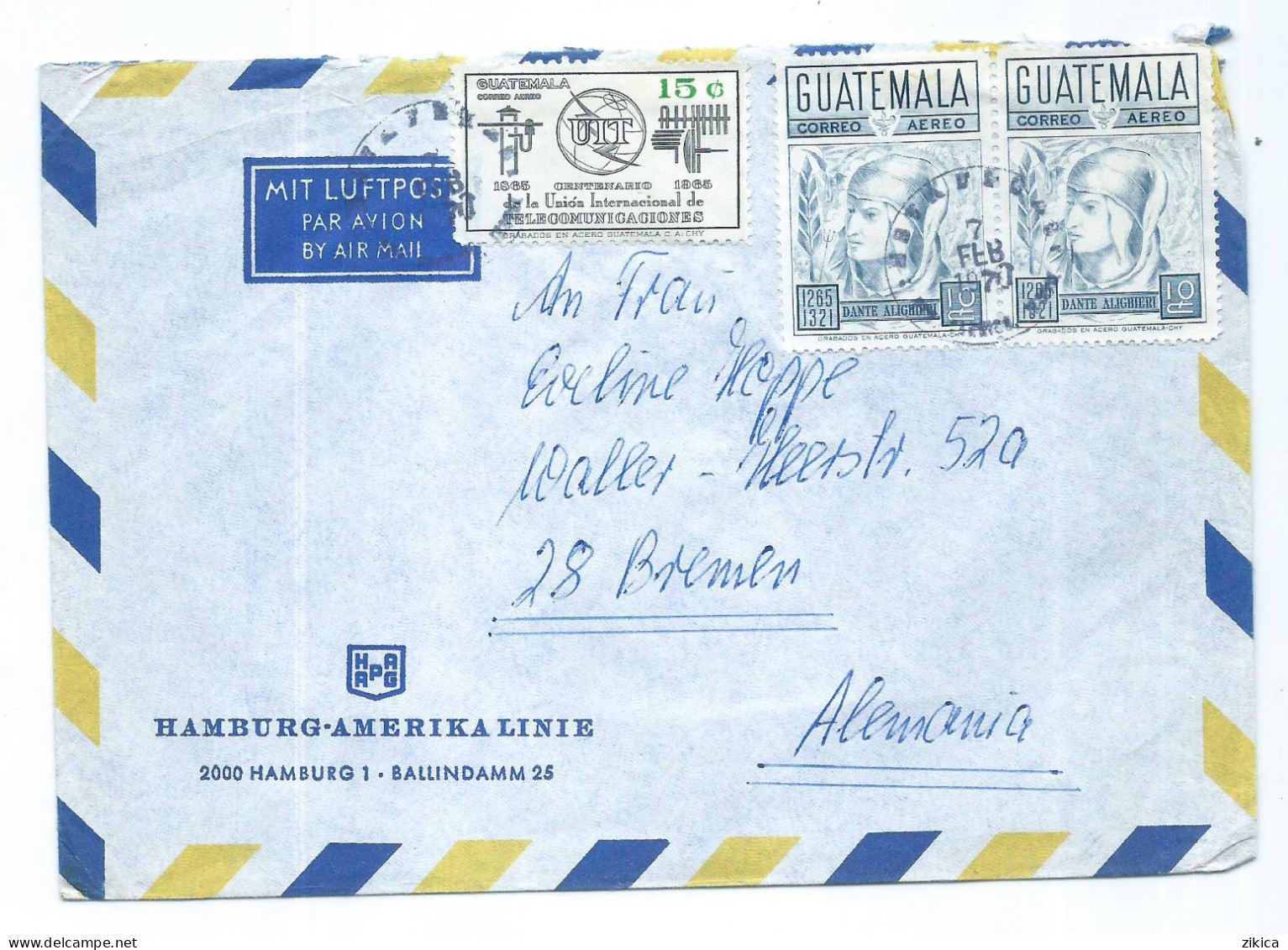 Air Mail Cover : Hamburg - Amerika Linie,canceled 1970 Guatemala Stamps : I.T.U./ UIT And Dante Alighieri,Italy - Guatemala