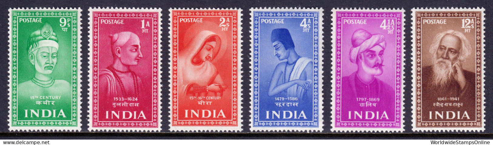 INDIA — SCOTT 237-242 — 1952 POETS SET — MH — SCV $48 - Unused Stamps