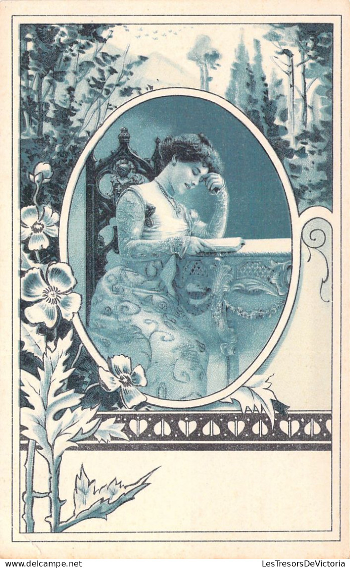 Illustration Non Signée - Femme Lit Son Journal Intime - Cadre Fleurs - Carte Postale Ancienne - Unclassified