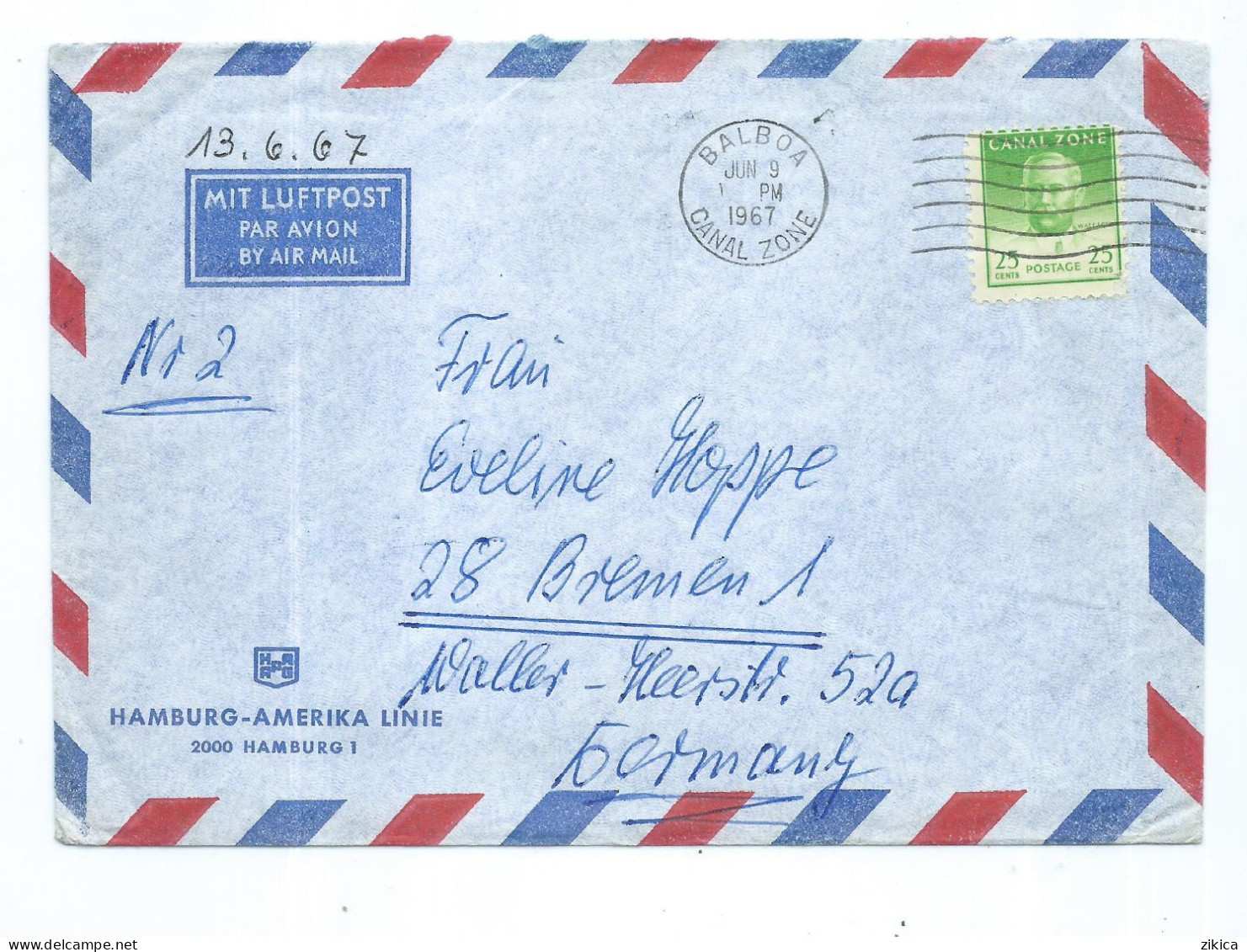 Air Mail Cover : Hamburg - Amerika Linie,canceled 1967 Balboa,CANAL ZONE Via Germany,stamp : 1946 -1977 Portraits - Canal Zone