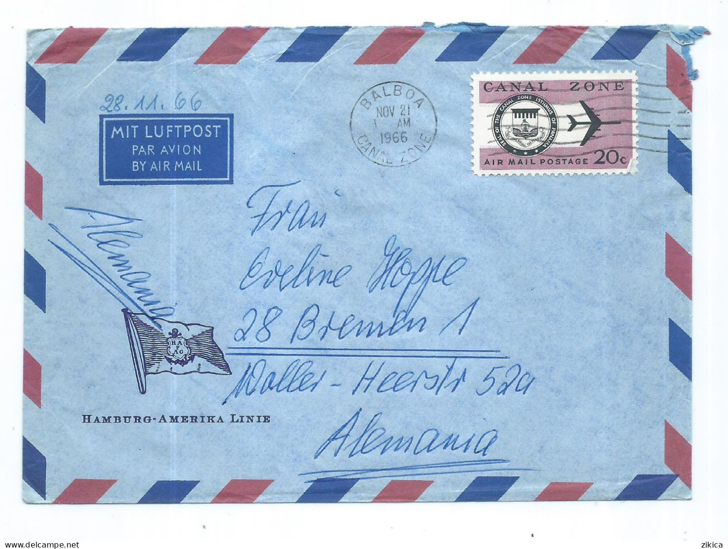 Air Mail Cover : Hamburg - Amerika Linie,canceled 1966 Balboa,CANAL ZONE Via Germany,stamp : AIRMAIL - Canal Zone