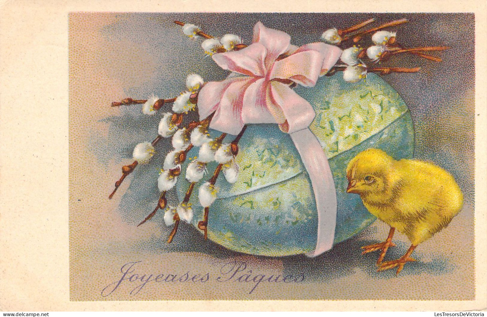 Pâques - Poussin Oeuf Fleurs Noeud Rose - Carte Postale Ancienne - Pasen