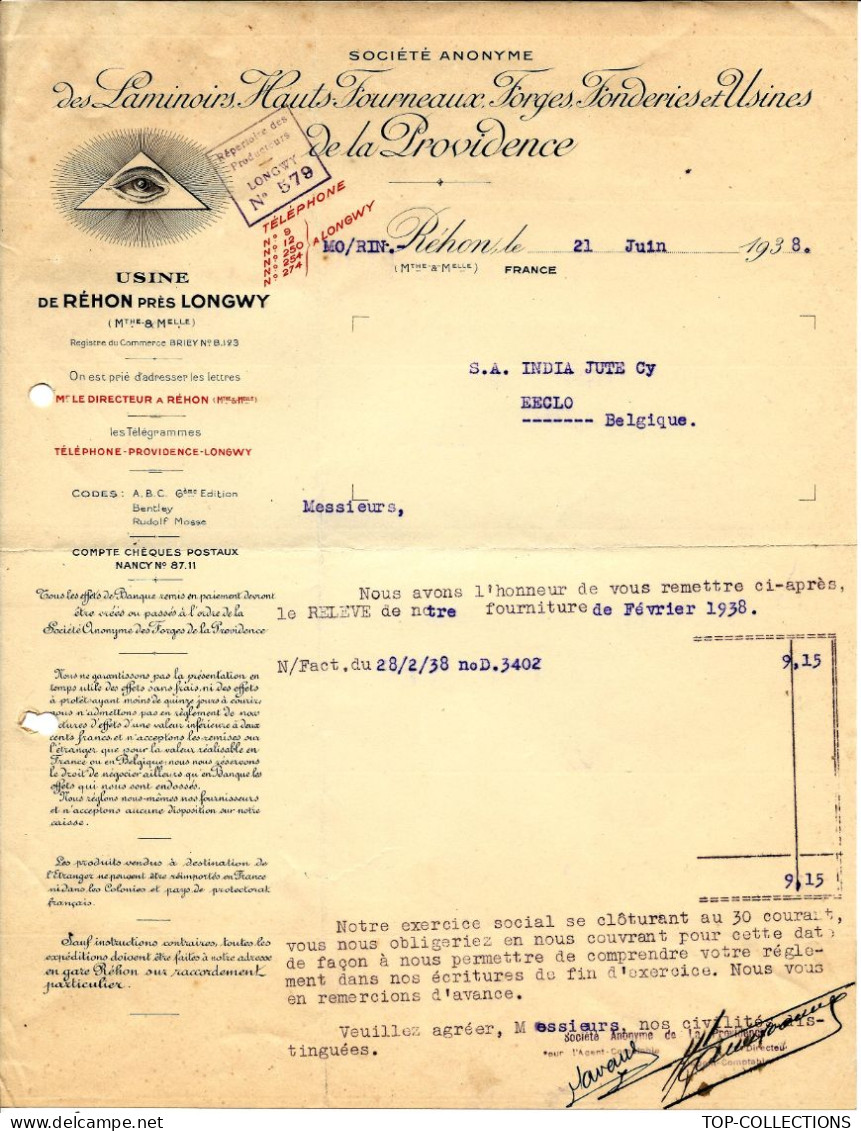 1938 Entete Maçonnique Laminoirs Hauts Fourneaux Forges Fonderies De La Providence Réhon Près Longwy Meurthe & Moselle - 1900 – 1949