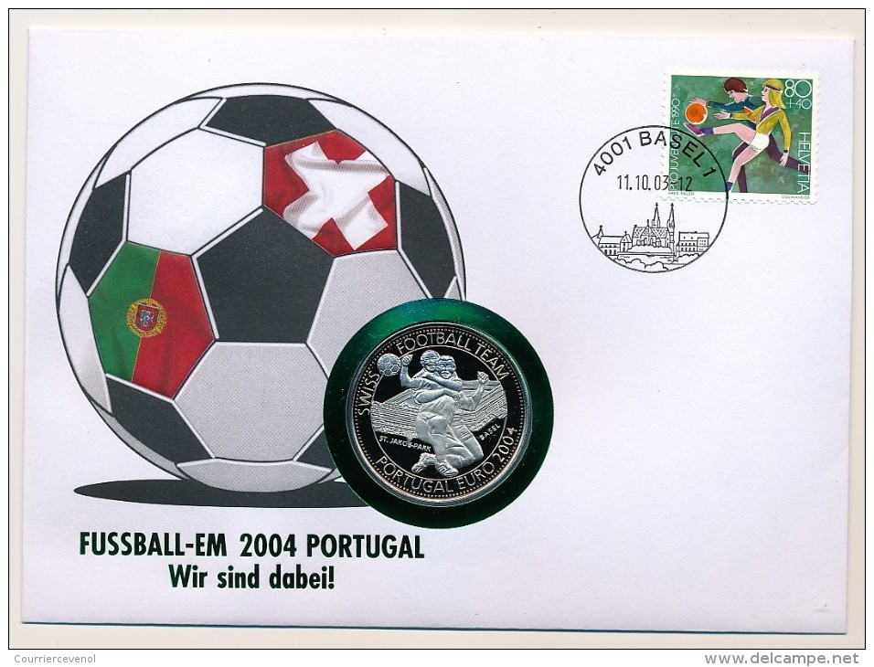 SUISSE / LIBERIA - Pièce De 5 Dollars Sous Blister SWISS FOOTBALL TEAM PORTUGAL EURO 2004 / Enveloppe Suisse BASEL 1 - Liberia