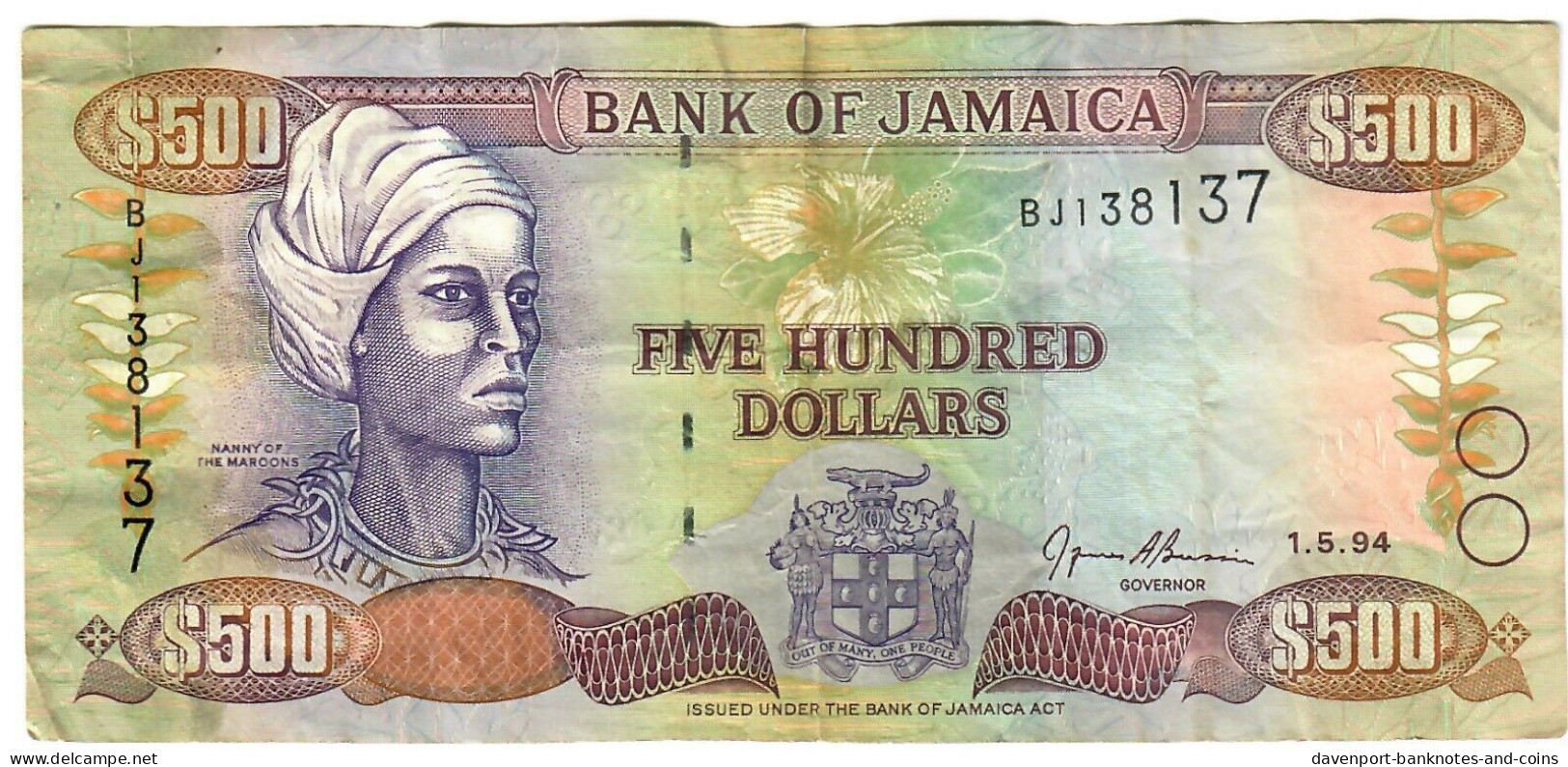 Jamaica 500 Dollars 1994 VF "Brown" - Jamaica