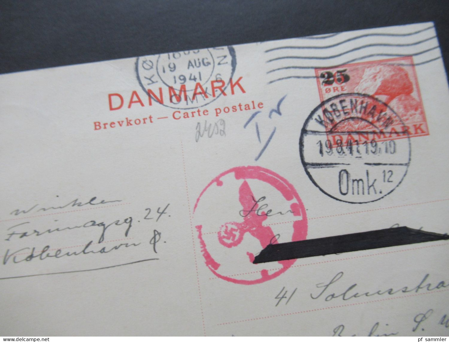 Dänemark 1941 Ganzsache Mit Aufdruck Und Zensur Der Wehrmacht / Roter Zensurstempel Kobenhavn Omk - Berlin - Covers & Documents
