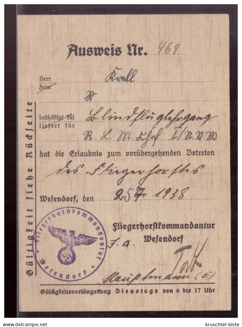 Dt- Reich (021028) Propaganda Ausweis Zum Betretten Des Fliegerhorstes Wesendorf Vom 25.7.1938- 2.9.1938 - Documents