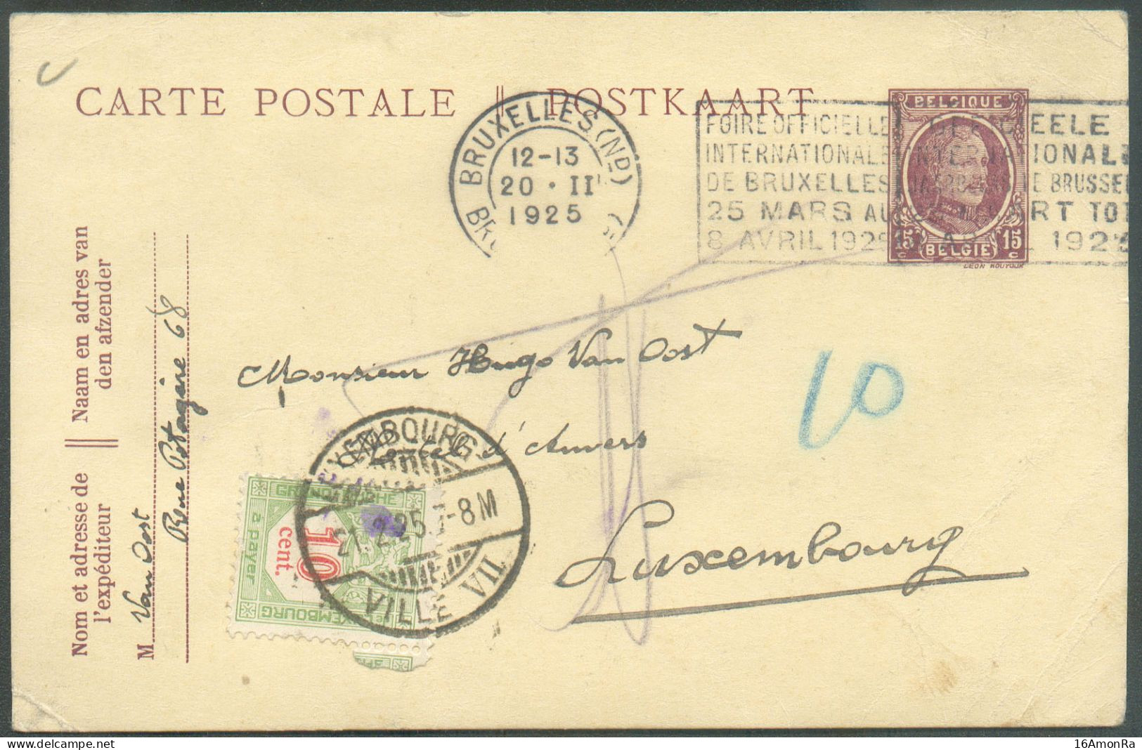 E.P. Carte 15c. HOUYOUX  Obl. Mécanique BRUXELLES (N°) du 20-II-1925 Vers Luxembourg Et Taxée à 10 Centimes - Superbe - - Cartes Postales 1909-1934