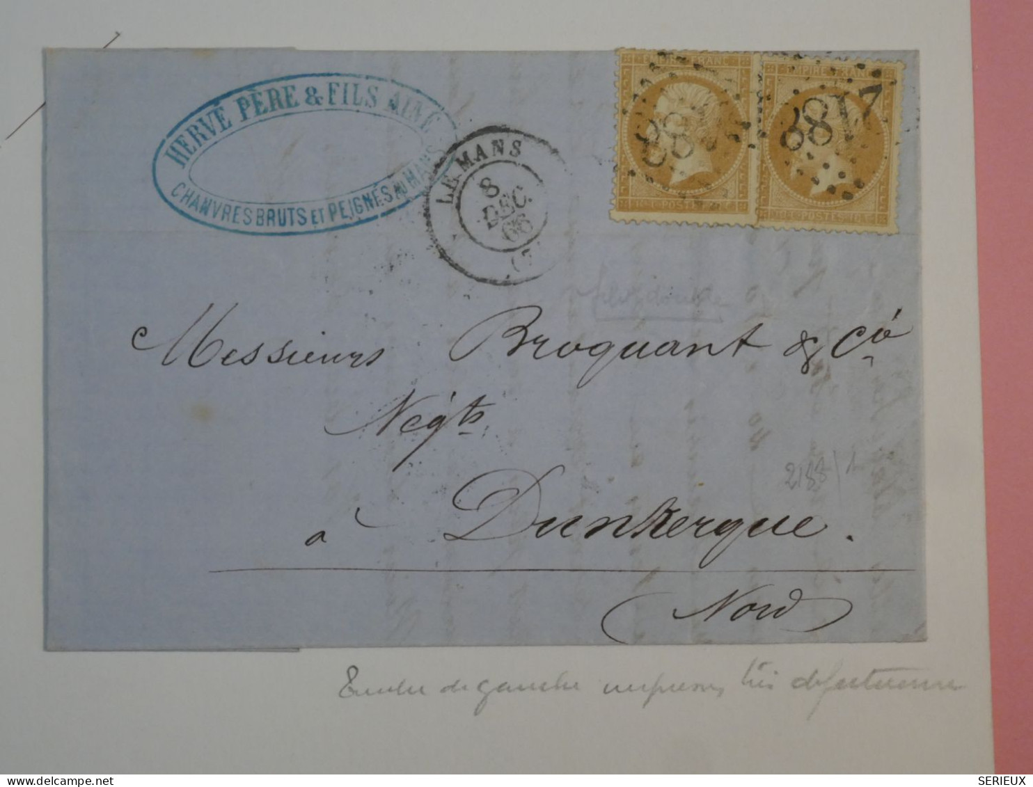 AR 27 FRANCE   BELLE LETTRE  1866 LE MANS  A DUNKERQUE +2X N° 21+AFFRANC.  INTERESSANT - 1862 Napoléon III