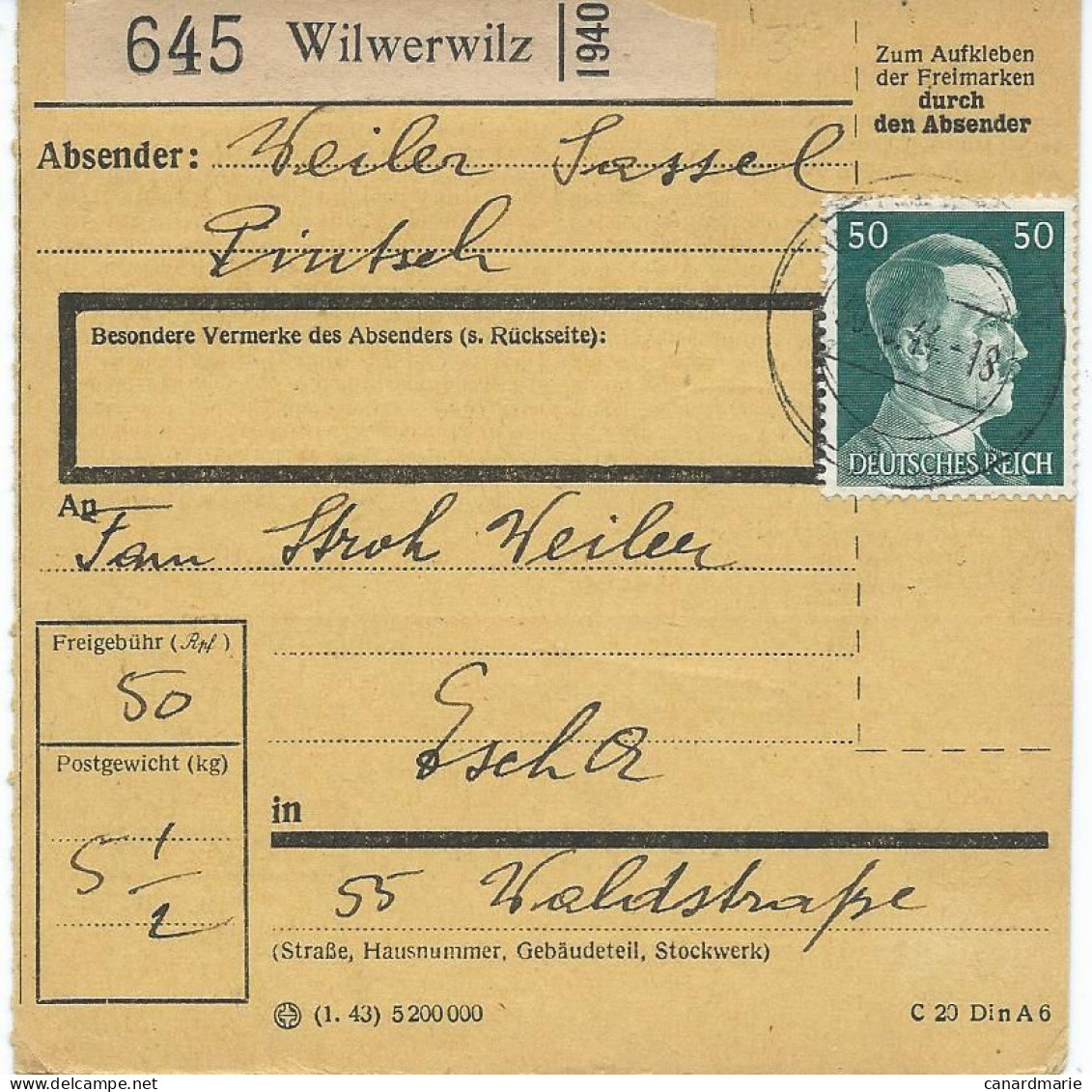 BULLETIN DE COLIS POSTAL 1944 AVEC ETIQUETTE DE WILWERWILZ - 1940-1944 Deutsche Besatzung