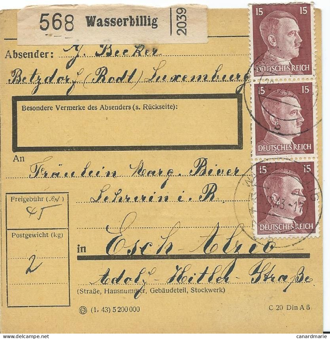 BULLETIN DE COLIS POSTAL 1943 AVEC ETIQUETTE DE WASSERBILLIG - 1940-1944 Deutsche Besatzung