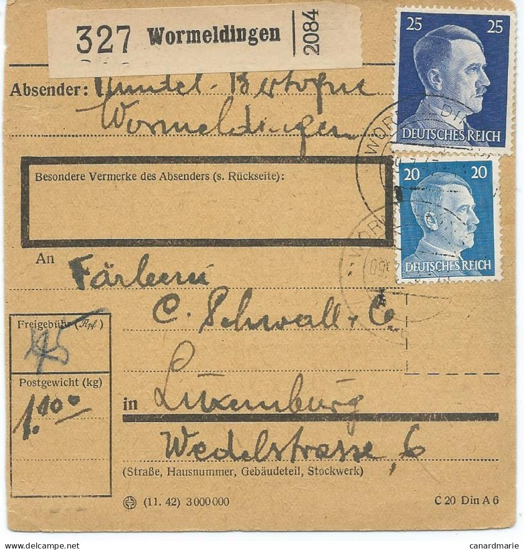 BULLETIN DE COLIS POSTAL 1943 AVEC ETIQUETTE DE WORMELDINGEN - 1940-1944 Deutsche Besatzung