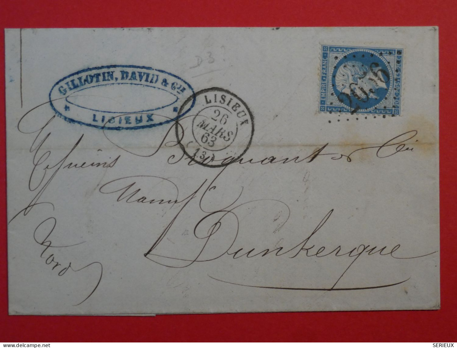 AR 27 FRANCE BELLE LETTRE 1863 LISIEUX  A DUNKERQUE + N° 22 VARIETé  +AFFRANC.  INTERESSANT - 1862 Napoléon III