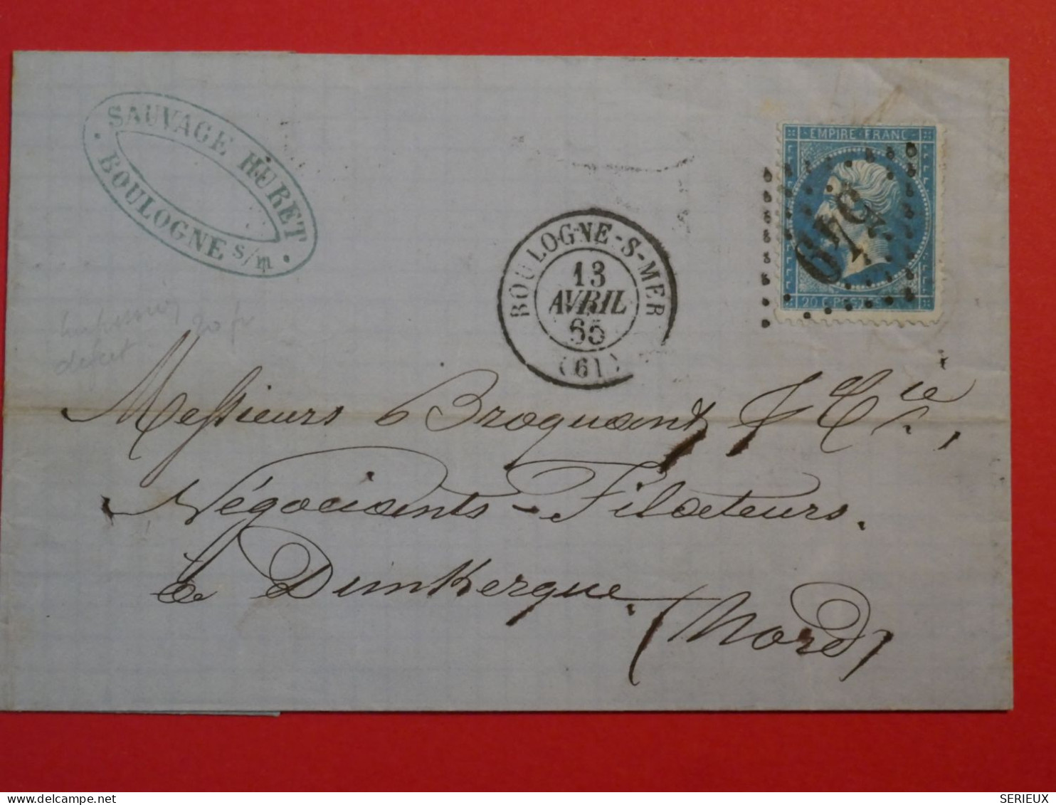 AR 27 FRANCE BELLE LETTRE 1865 BOULOGNE A DUNKERQUE + N° 22   +AFFRANC.  INTERESSANT - 1862 Napoléon III