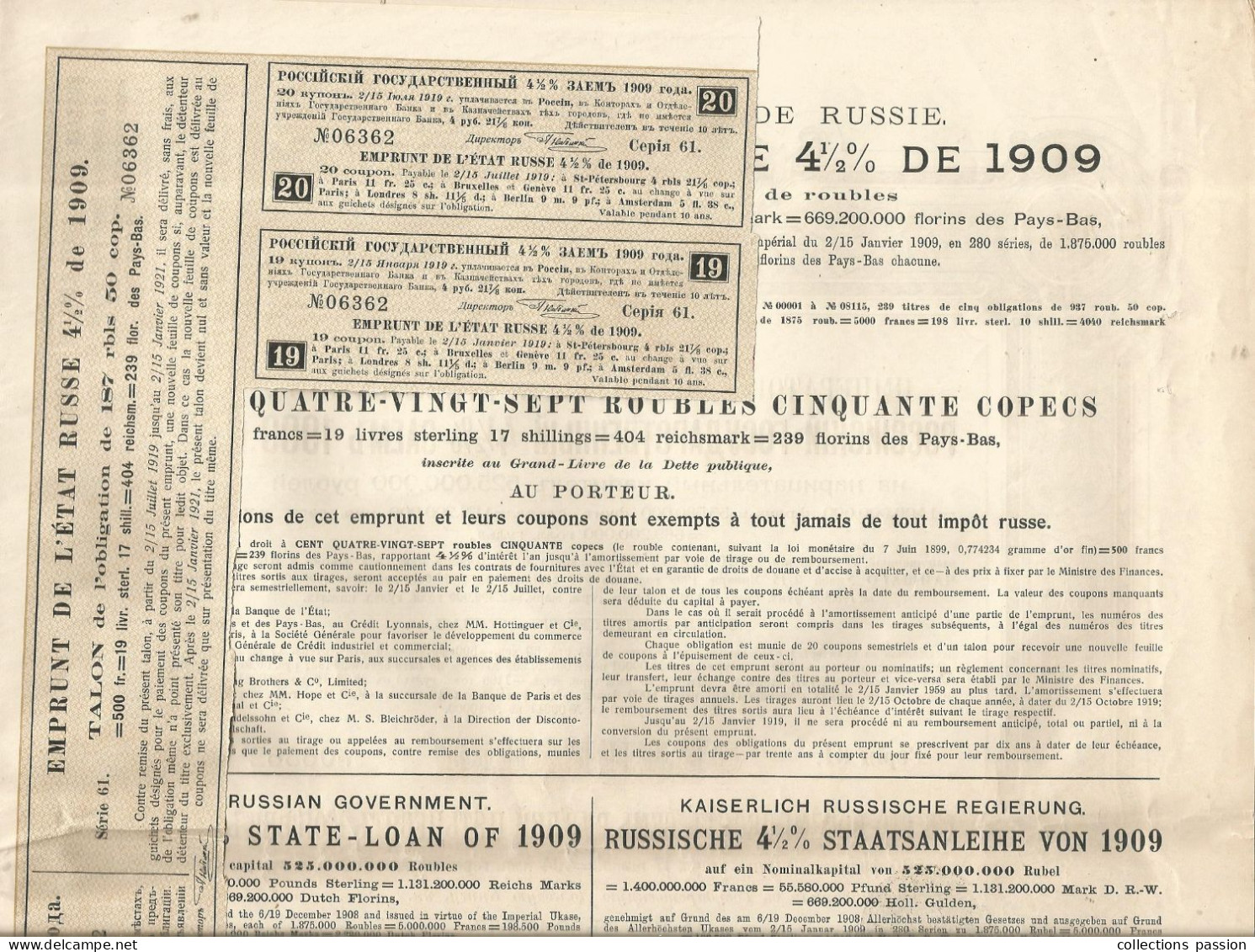 Obligation De 187 Roubles Et 50 Copecs = 500 Francs, Emprunt De L'état RUSSE 41/2 % De 1909 , Frais Fr 2.45 E - Andere & Zonder Classificatie