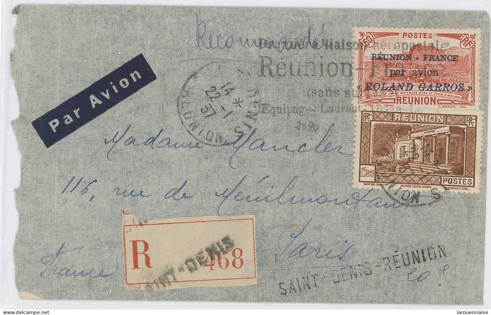 REUNION - P A N°1 +N°141 /LSC RECOMMANDEE POUR PARIS  PAR AVION -GRIFFE: PREMIERE LIAISON AEROPOSTALE REUNION FRANCE / - Lettres & Documents