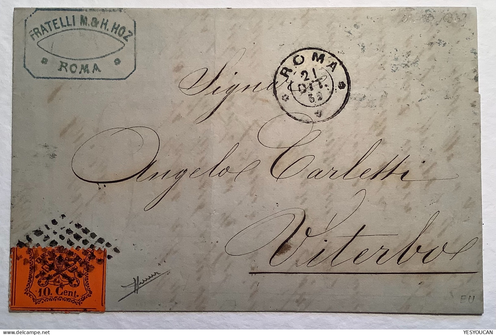 Stato Pontificio Sa.26 VARIETA DENTELLATURA SPL (EX PROVERA) ROMA 1868 Lettera>Viterbo ( Cert. Pontifical States Cover - Kerkelijke Staten