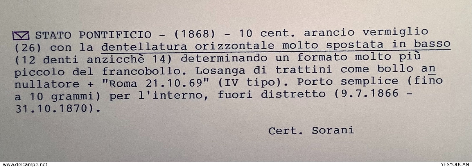 Stato Pontificio Sa.26 VARIETA DENTELLATURA SPL (EX PROVERA) ROMA 1868 lettera>Viterbo ( cert. Pontifical States cover