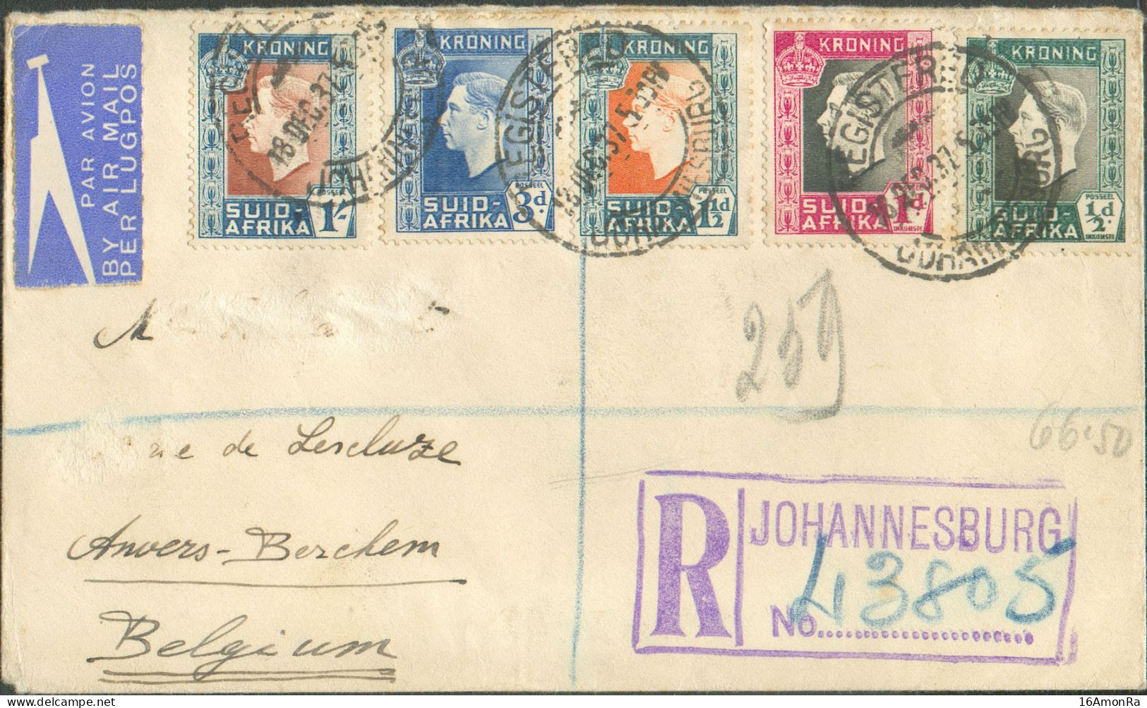 By Airmail Cover Franked 1s/6p. Canc. REGISTERED JOHANNESBURG 18 Dec. 1937 Registered To Anvers (Belgium)  - 20914 - Poste Aérienne