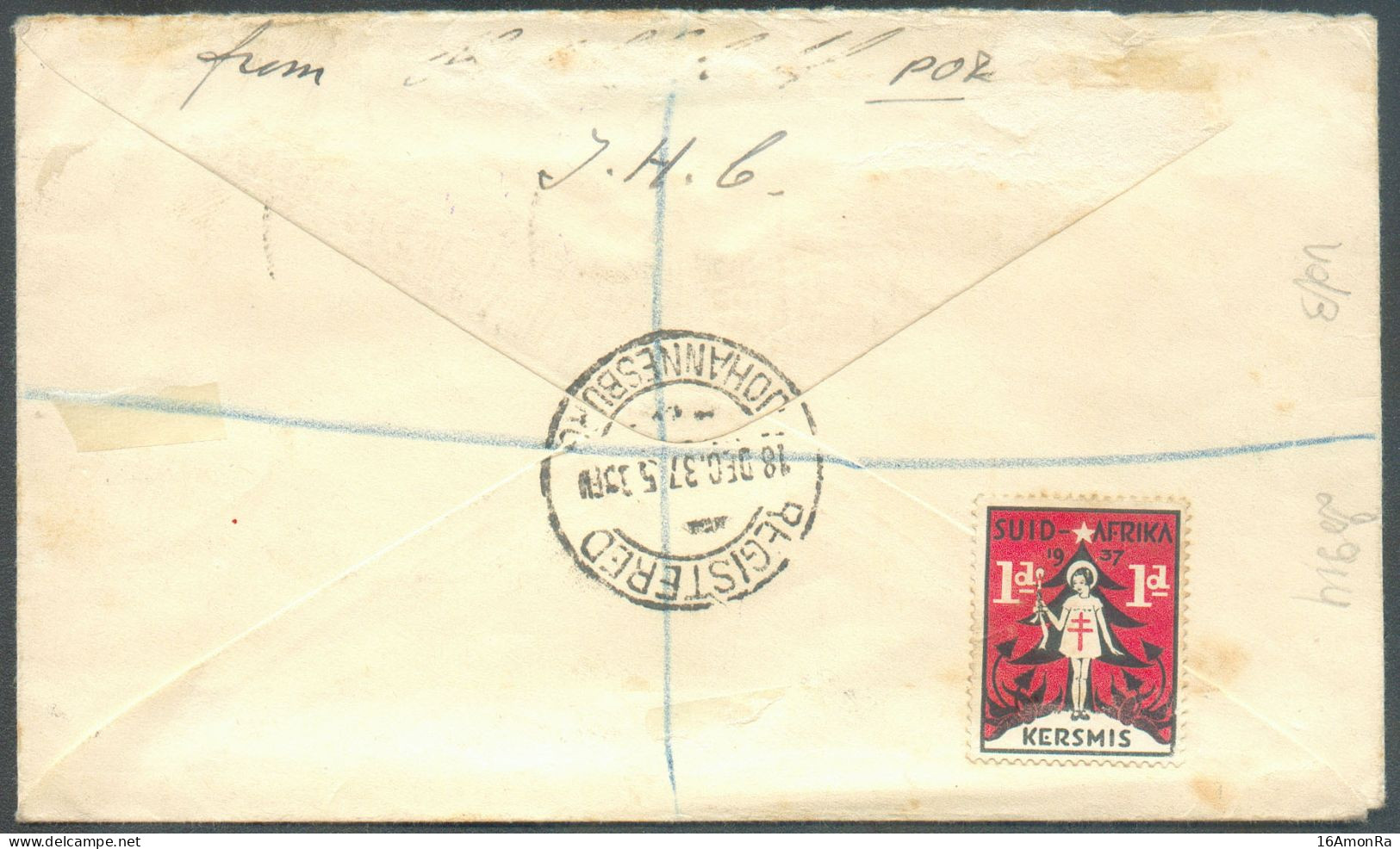 By Airmail Cover Franked 1s/6p. Canc. REGISTERED JOHANNESBURG 18 Dec. 1937 Registered To Anvers (Belgium)  - 20914 - Aéreo