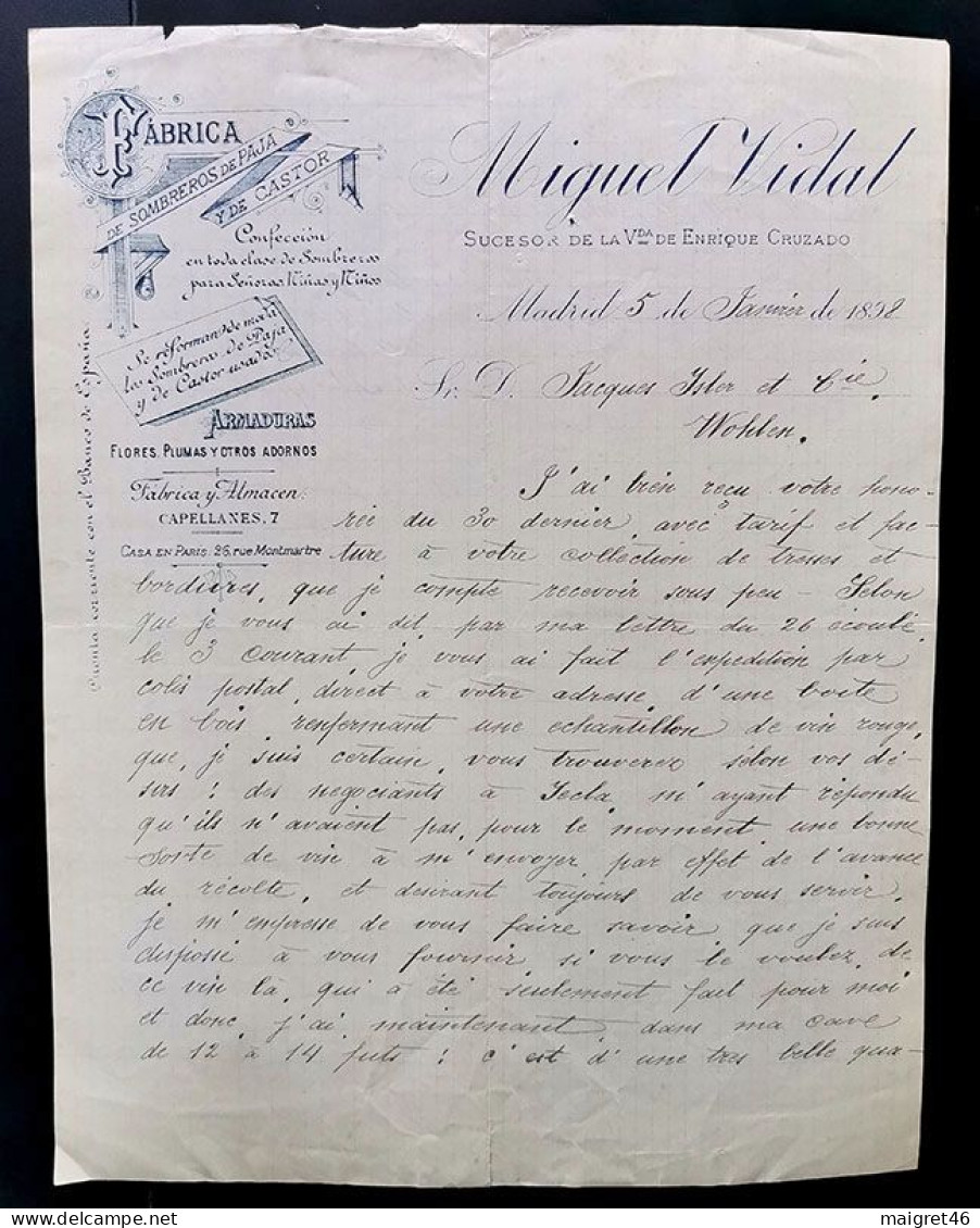FATTURA FABRICA DE SOMBREROS DE PAJA Y DE CASTOR MIGUEL VIDAL MADRID ANNO 1898 SPAGNA - España