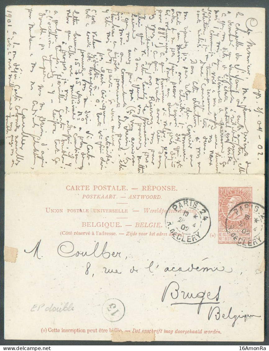 E.P. Carte Double (voyagée Dans Les 2 Sens) De BRUGES 25 Avril 1902 Vers Paris Via Lille Et Retour Dc PARIS 24 R. De CLE - Postkarten 1871-1909