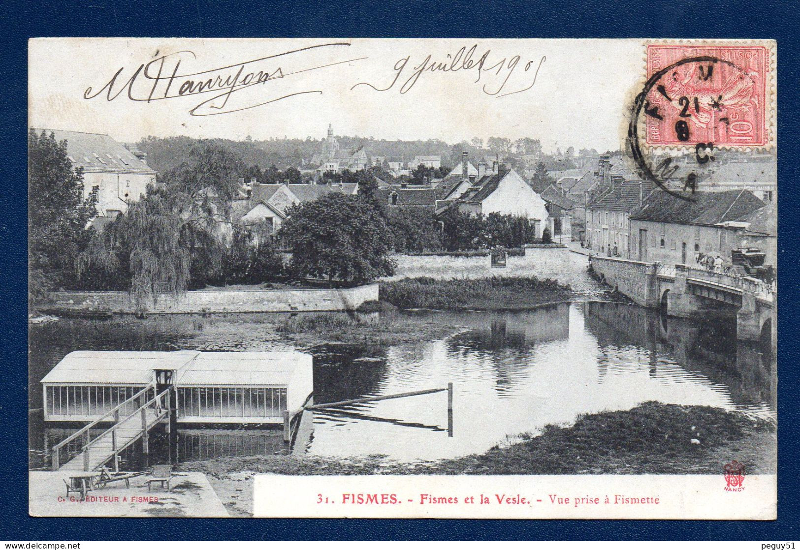 51. Fismes. La Vesle. Péniche Et Le Pont. Vue Prise à Fismette Avec L'église Sainte-Macre. 1905 - Fismes