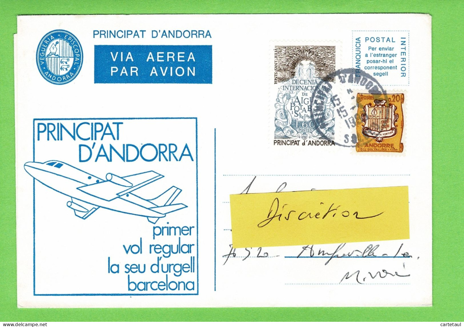 ANDORRE ANDORRA Viguerie Episcopale Aérogramme Vol La Seu Barcelona Oblit. LA MASSANA 15-4-1985 - Vicariato Episcopale