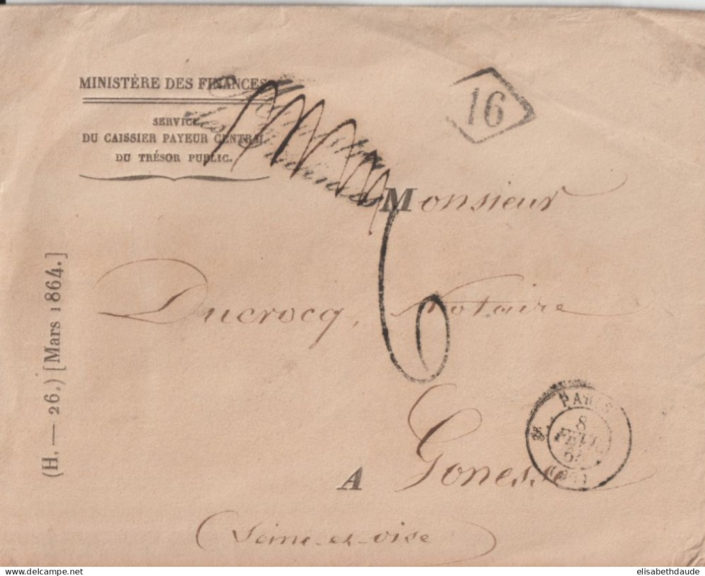 1865 - MARQUE De FRANCHISE ANNULEE ! "MINISTRE DES FINANCES" Sur ENVELOPPE => GONESSE - Civil Frank Covers