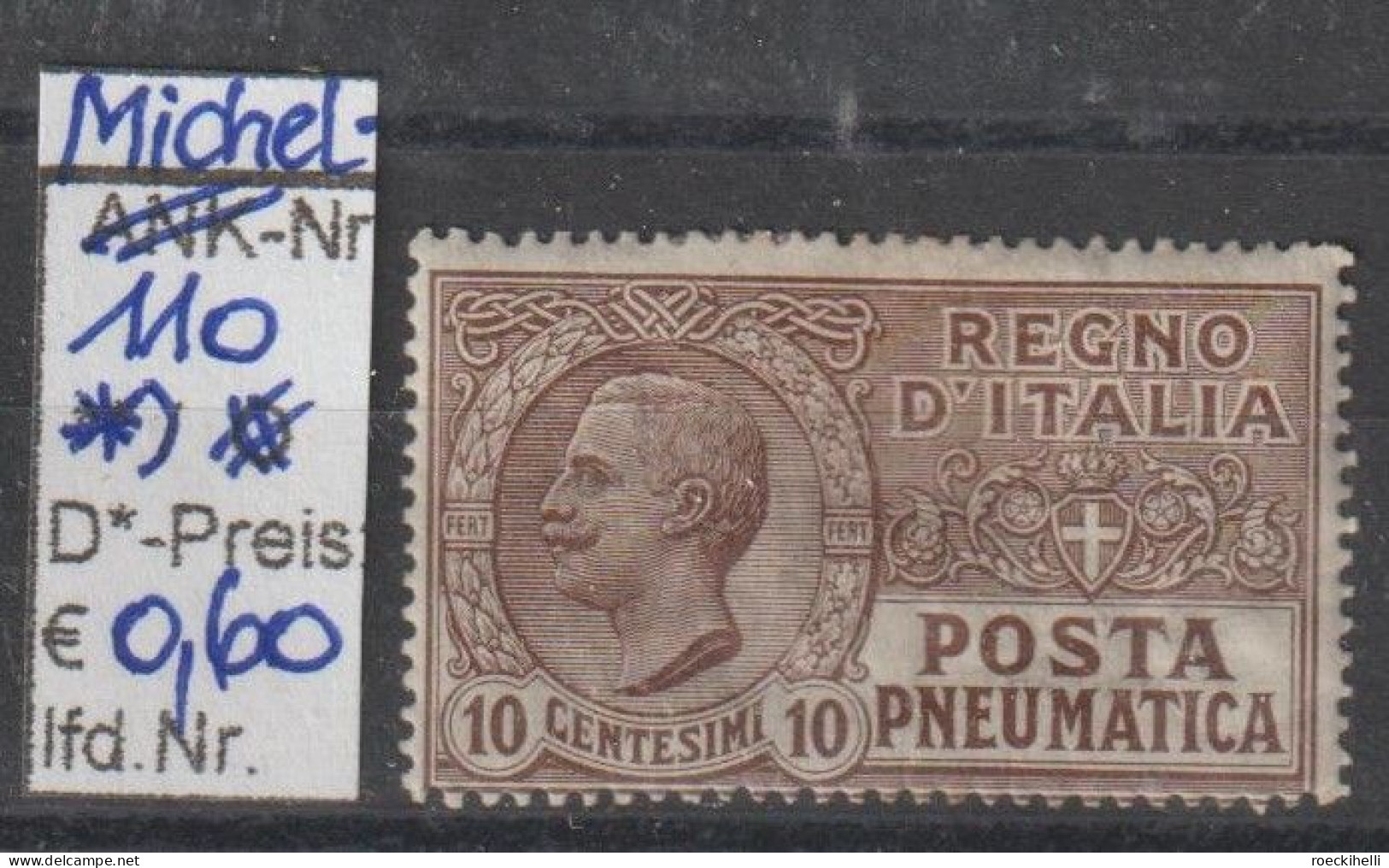 1913 - ITALIEN - Rohrpost "König Viktor Emanuel III" 10 C Graubraun - * Ungebraucht - S.Scan  (it 110*) - Poste Pneumatique