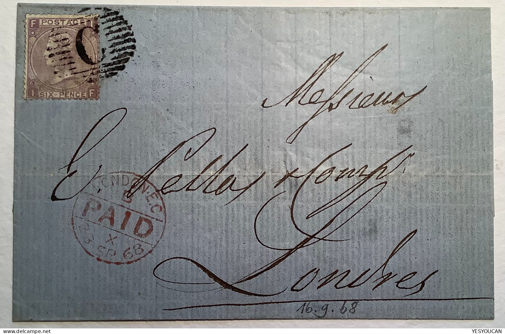 BRITISH POST OFFICE CONSTANTINOPLE "C" GB6d 1868 Cover>London (Queen Victoria Levant Levante Turquie Turkey Used Abroad - Lettres & Documents