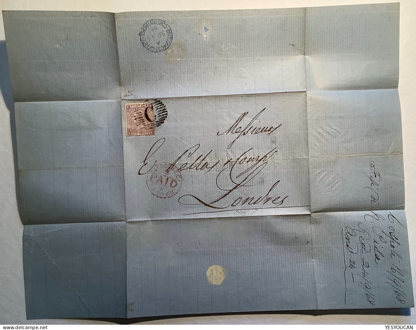 BRITISH POST OFFICE CONSTANTINOPLE "C" GB6d 1868 Cover>London (Queen Victoria Levant Levante Turquie Turkey Used Abroad - Brieven En Documenten