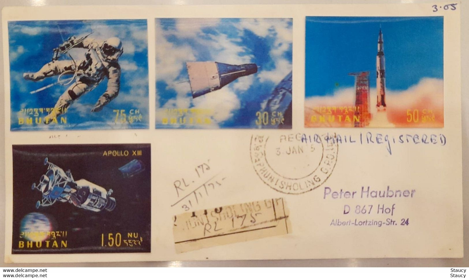 Bhutan 31-01-1975 Apollo XIII Space 3d Stamps Franked On Registered AirMail Cover To Germany As Per Scan RRR - Asie