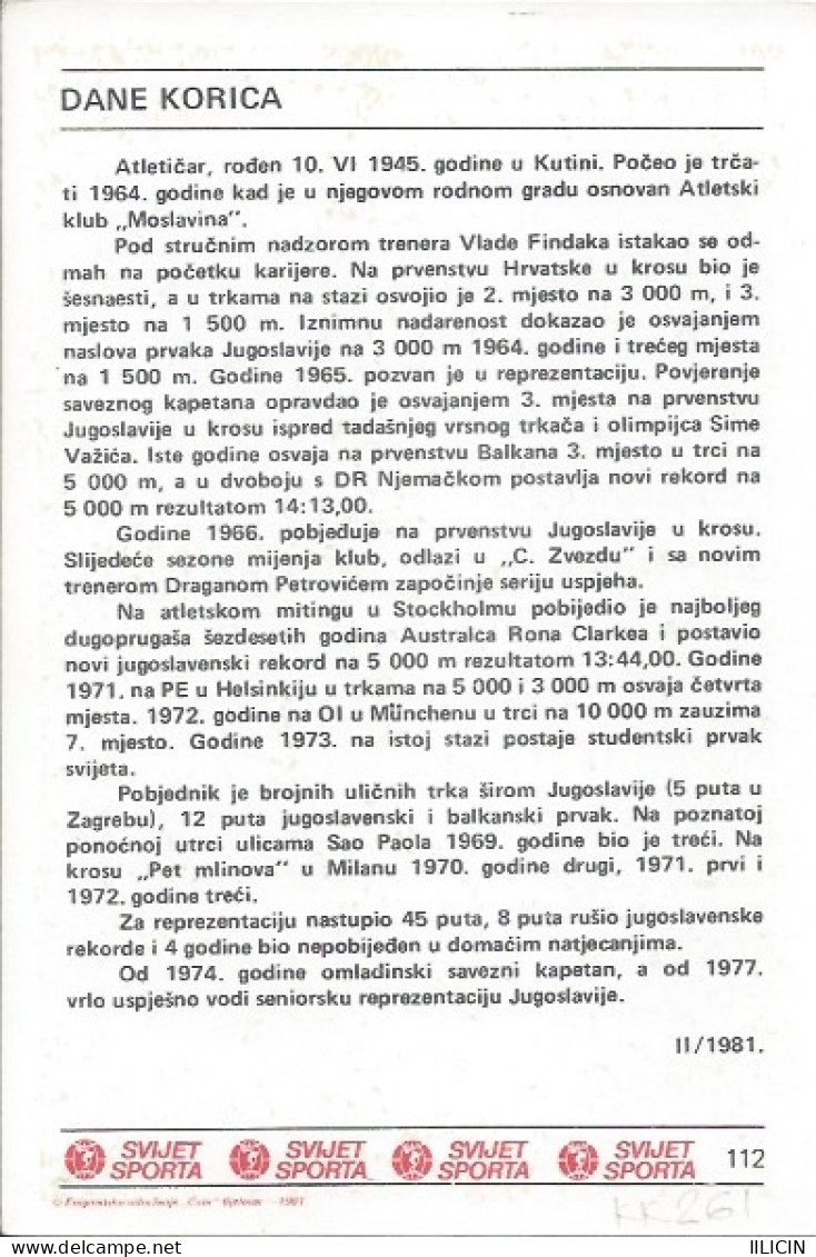 Trading Card KK000261 - Svijet Sporta Athletics Yugoslavia Serbia Dane Korica 10x15cm - Athlétisme