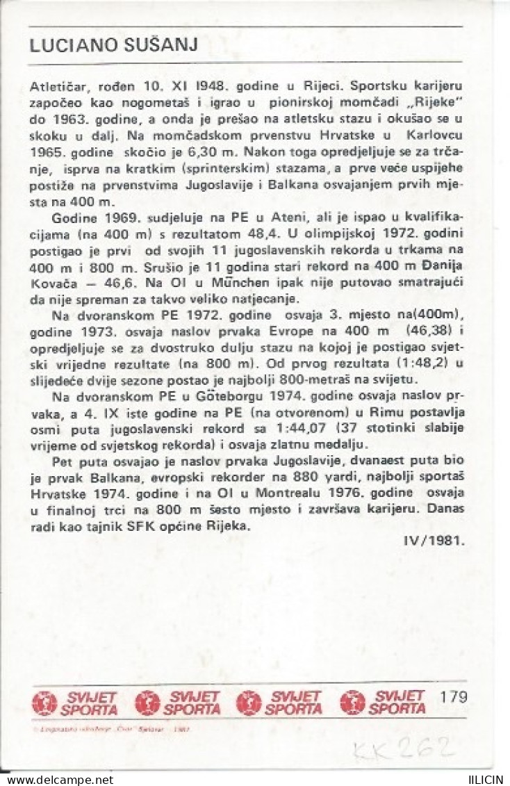 Trading Card KK000262 - Svijet Sporta Athletics Yugoslavia Croatia Luciano Susanj 10x15cm - Athlétisme