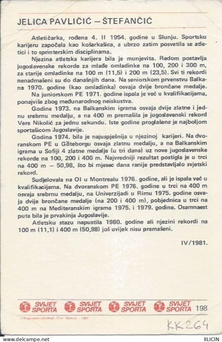 Trading Card KK000264 - Svijet Sporta Athletics Yugoslavia Croatia Jelica Pavlicic Stefancic 10x15cm - Atletiek