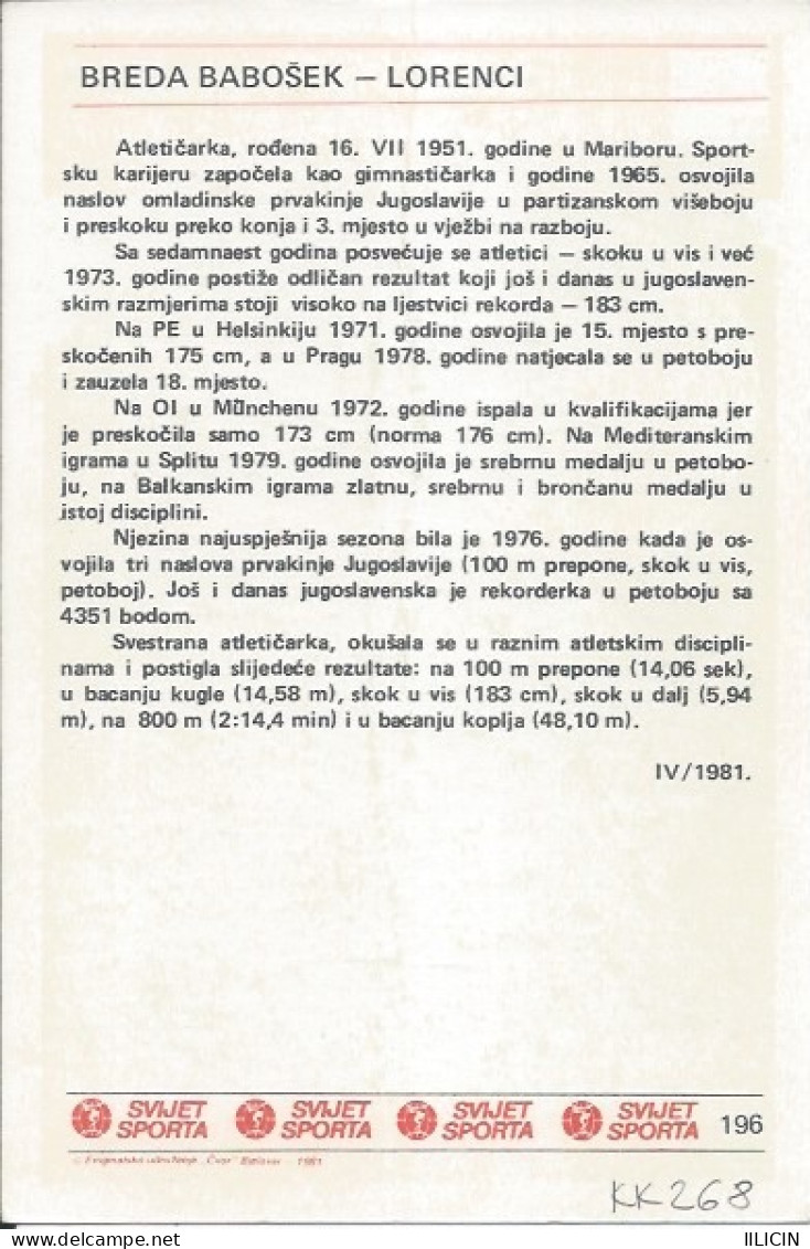 Trading Card KK000268 - Svijet Sporta Athletics Yugoslavia Slovenia Breda Babosek Lorenci 10x15cm - Atletiek