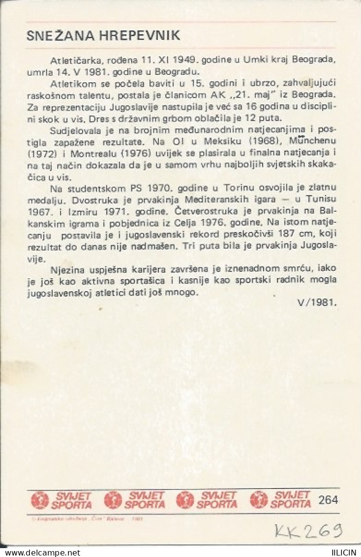 Trading Card KK000269 - Svijet Sporta Athletics Yugoslavia Serbia Snezana Hrepevnik 10x15cm - Atletica