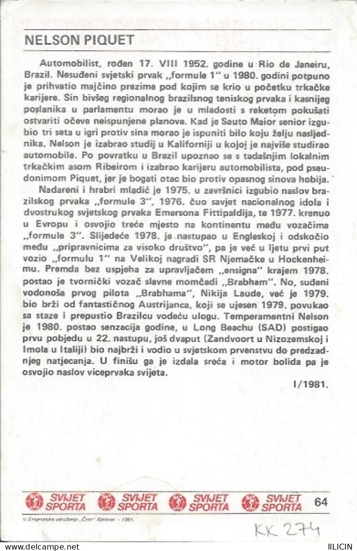 Trading Card KK000274 - Svijet Sporta Car Racing Formula 1 Brazil Nelson Piquet 10x15cm - Automobile - F1